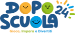 Logo Doposcuola24 colorato con faccine sorridenti e slogan "Gioca, Impara e Divertiti".